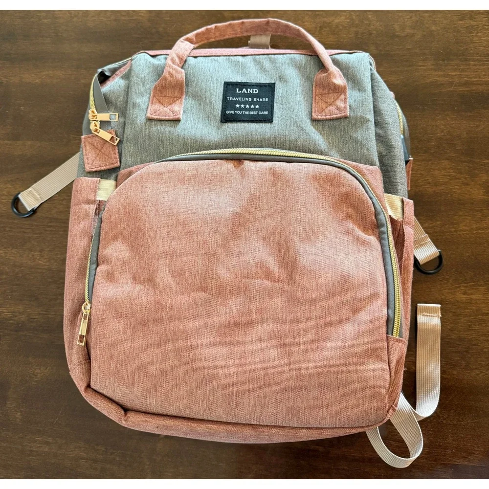 LAND 3-in-1 Diaper Bag Backpack Portable Bassinet Changing Station Pink Grey